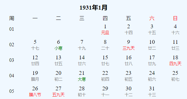 日历表1931年