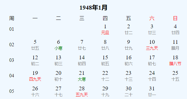 日历表1948年