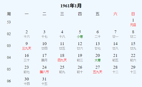 日历表1961年