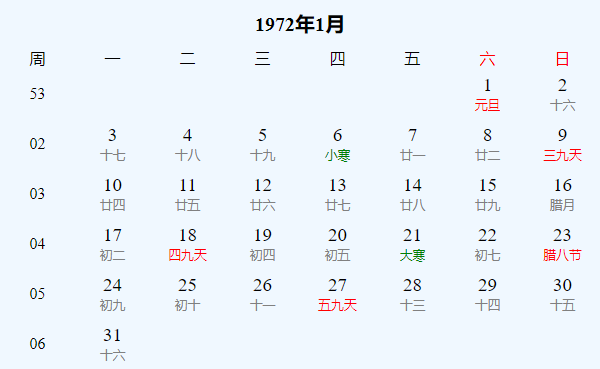 日历表1972年