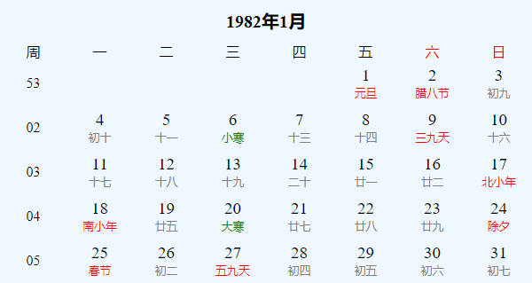 日历表1982年