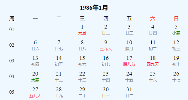 日历表1986年