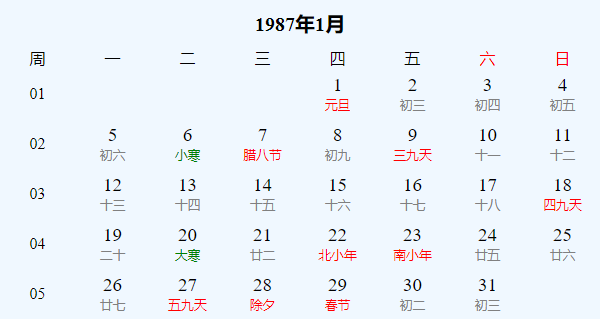 日历表1987年