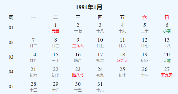 日历表1991年