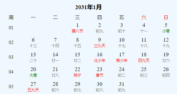 日历表2031年