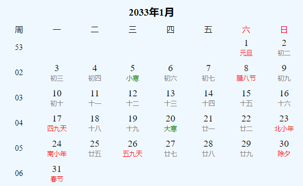 日历表2033年